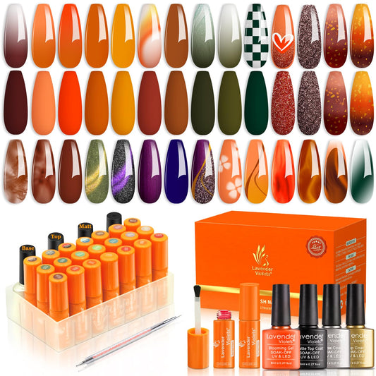 Lavender Violets 27 Pcs Gel Nail Polish Kit Early Spring Earth Colors Red Green Yellow Blossom Effect Cat Eye Led French Nail Po