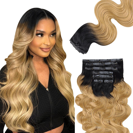 Lashey Seamless Clip In Hair Extensions Human Hair 110G 7Pcs Ombre Natural Black To Honey Blonde Clip In Hair Extensions With Pu