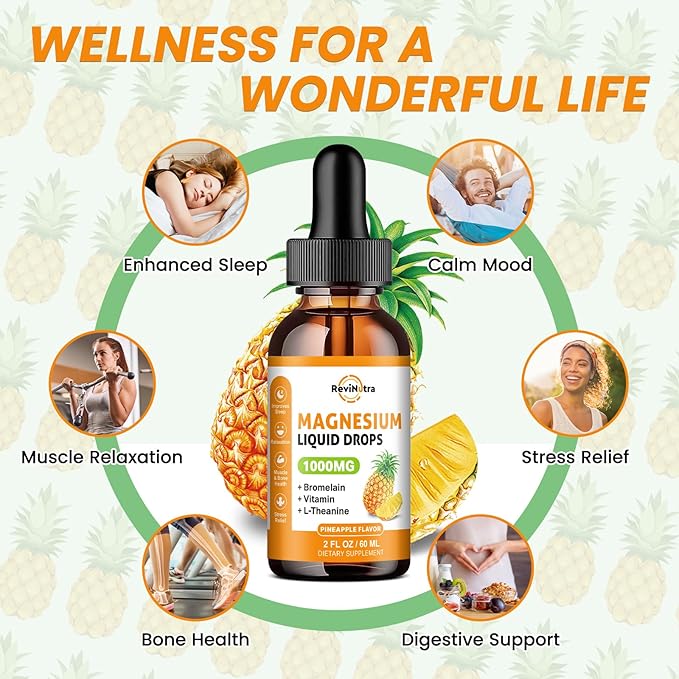 2 Pack Magnesium Glycinate Liquid Drops, 1000mg of Magnesium Glycinate, Citrate & Threonate for Sleep, Nerve, Energy, Muscle, Bone, Calm & Digestion, High Absorption, 2 Fl Oz, Pineapple Flavor