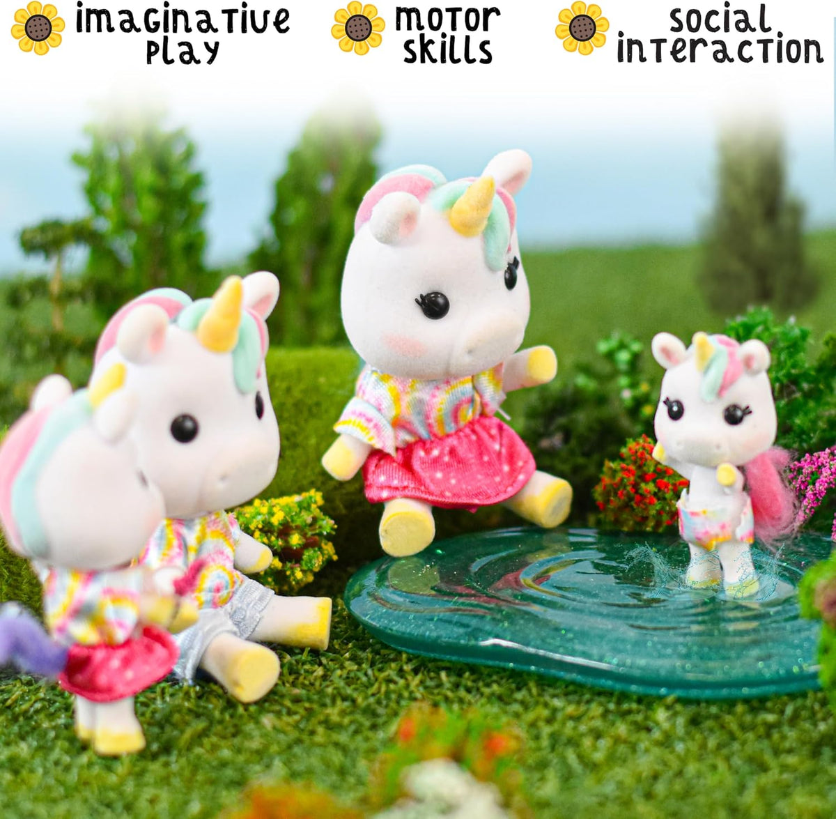 Sunny Days Entertainment Honey Bee Acres Rainbow Ridge Daydreamers Unicorn Family – 4 Miniature Flocked Dolls | Small Fantasy Collectible Figures | Pretend Play Toys for Kids