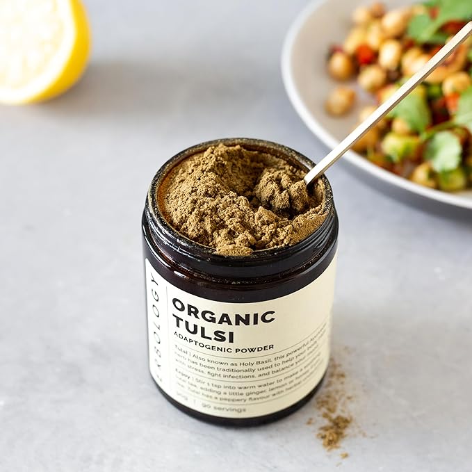 Erbology 100% Organic Tulsi Powder 6.4 oz - Holy Basil - Calm and Mood - Straight from Farm - Raw, Vegan and Gluten-Free - Non-GMO - No Additives or Preservatives - Recyclable Glass Jar