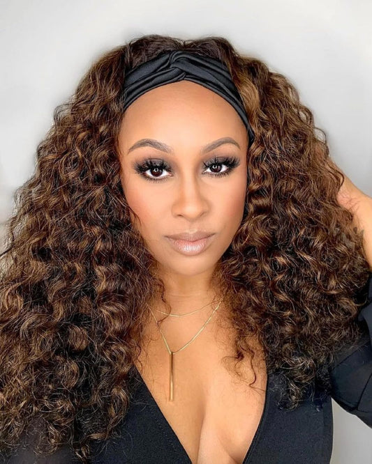 Lauberita Headband Wig Human Hair 180% Density Kinkycurly Headband Wigs Glueless Curly Human Hair Wig For Women Natural Color 20
