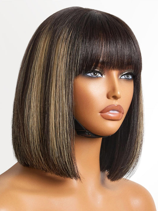 Luvme Hair 10 Inch Blonde Highlight Bob Human Hair Wig With Bangs Glueless Hd Lace Bang Wig True Scalp Ready To Go Silky Straigh