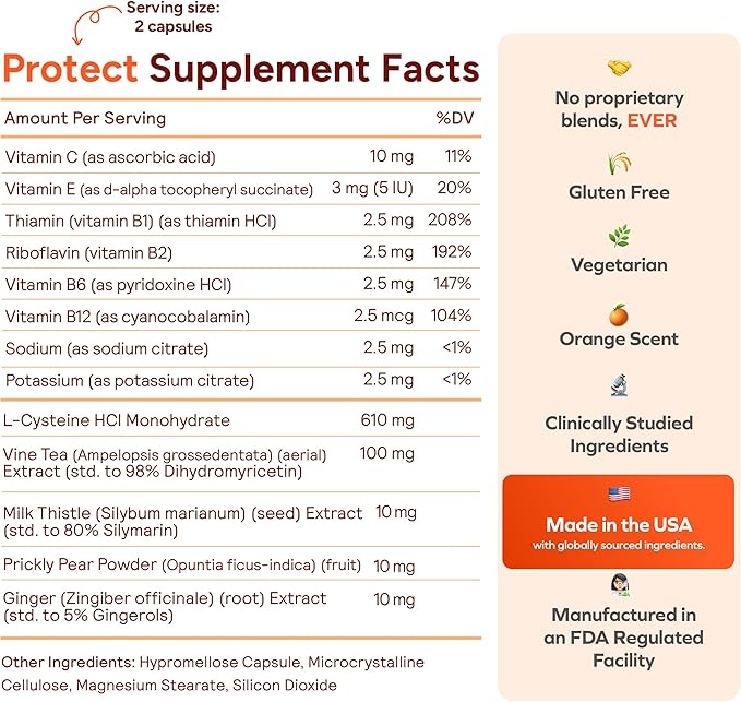 Cheers Protect | Daily Liver Supplement for Drinkers with L-Cysteine + DHM | Increase Glutathione Levels | 30 Doses | Cysteine, Dihydromyricetin, Milk Thistle, Prickly Pear, B-Vitamins, Ginger