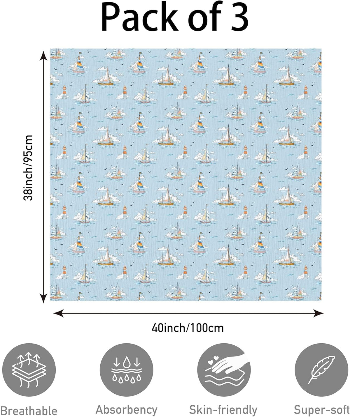 Muslin Swaddle Blankets for Newborn, 3 Pack Breathable Soft Receiving Blanket, Large 38 x 40 inches Swaddle Wrap Burping Clothes, Essentials Infant Shower Items, Toddler Gift (Blue Sea)
