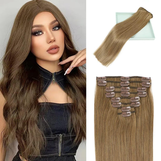 Lorien Clip In Hair Extensions Real Human Hair, 16 Inch 90G, 6 Medium Brown, Clip In 100% Brazilian Remy Human Hair Extensions 8