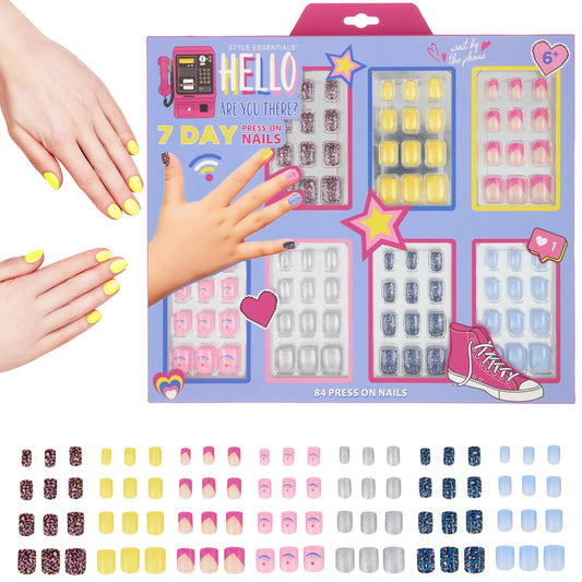 Expressions 7 Day Manicure Collection - 84Pc Press On Nail Set, Day-Of-The-Week Adhesive False Nails For Girls (Hello There Coll