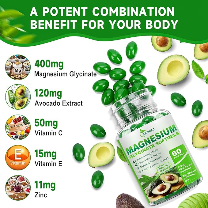 Magnesium Glycinate 400mg, High Absorption Magnesium Supplements Softgels with Vitamin E, B6, Zinc for Sleep, Calm, Muscle Relaxation & Bone Health, Gluten-Free, Non-GMO, 60 softgels