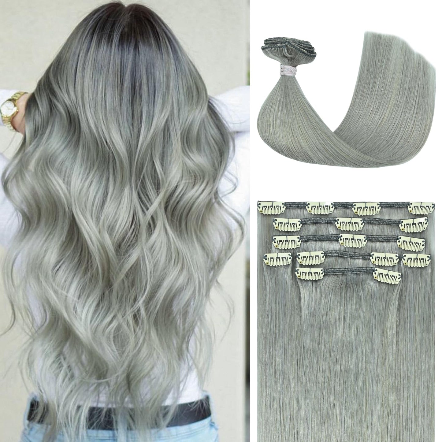Honsoo Clip In Hair Extensins Real Human Hair Gray 70G 7Pcs 22In Long Straight Human Hair For Thin Hair