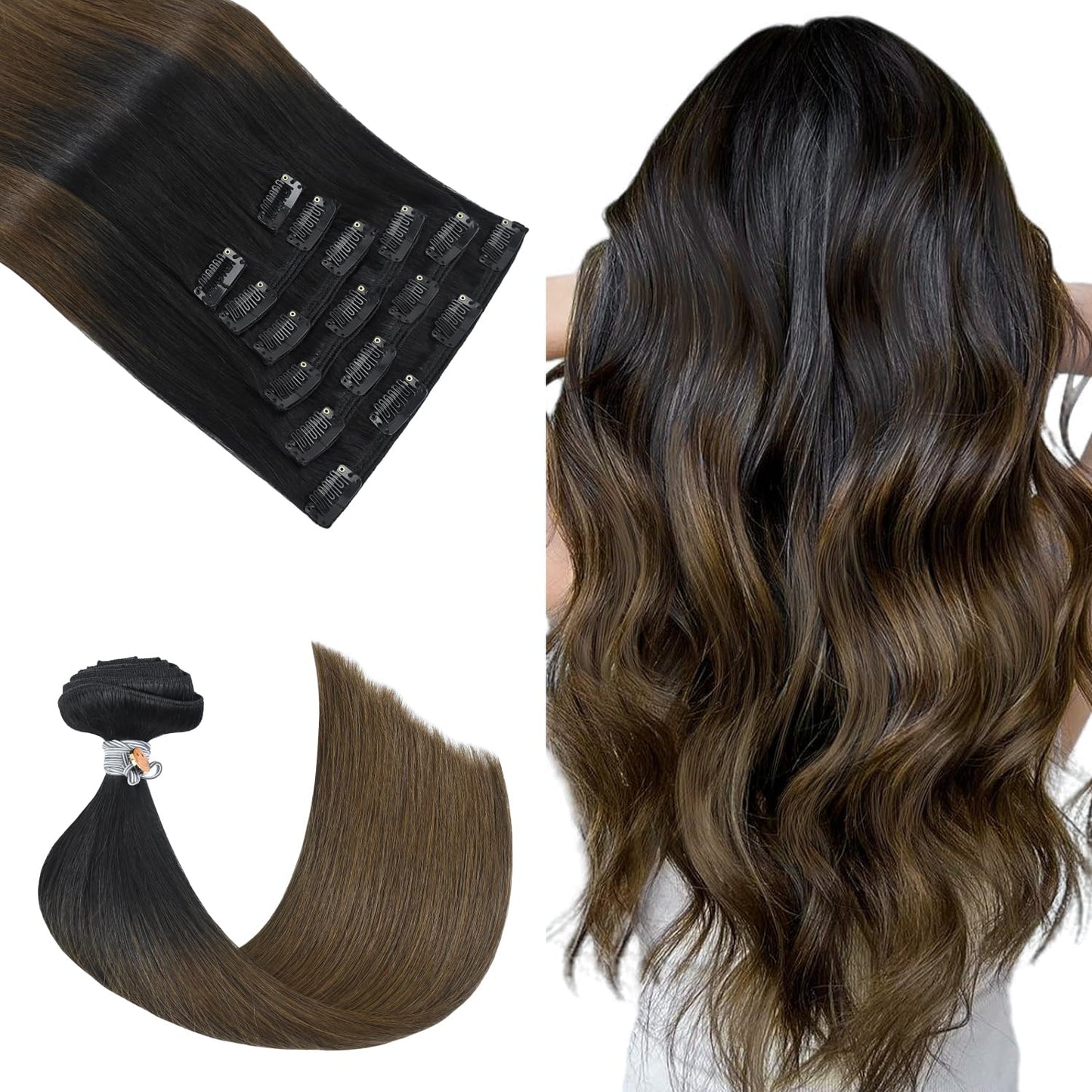 Honsoo Clip In Hair Extensions Real Human Hair, Natural Black To Medium Brown 22Inch 120G 7Pcs Straight Silky Brown Hair Extensi