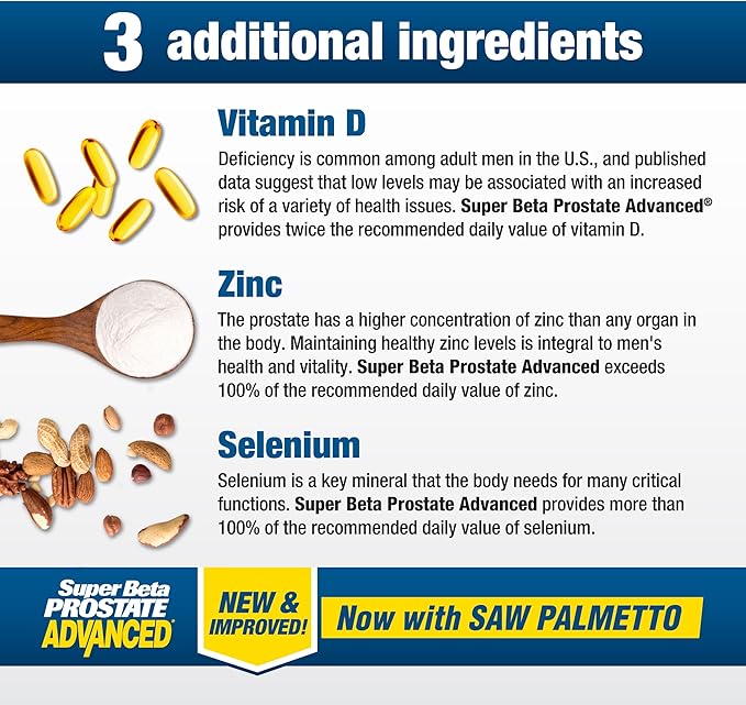 Advanced with Saw Palmetto - Prostate Health Supplements for Men, Bladder & Urinary Support with Beta-sitosterol, Reishi, Saw Palmetto, Vitamin D, Zinc Oxide, Selenium - 60 Count
