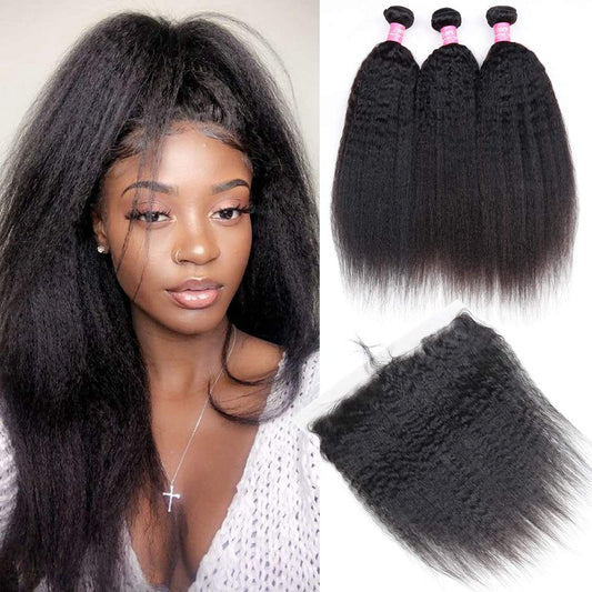 Odir Kinky Straight Bundles With Frontal Brazilian Human Hair 14 16 18+12 Inch Unprocessed 9A Yaki Straight Virgin Hair 3 Bundle