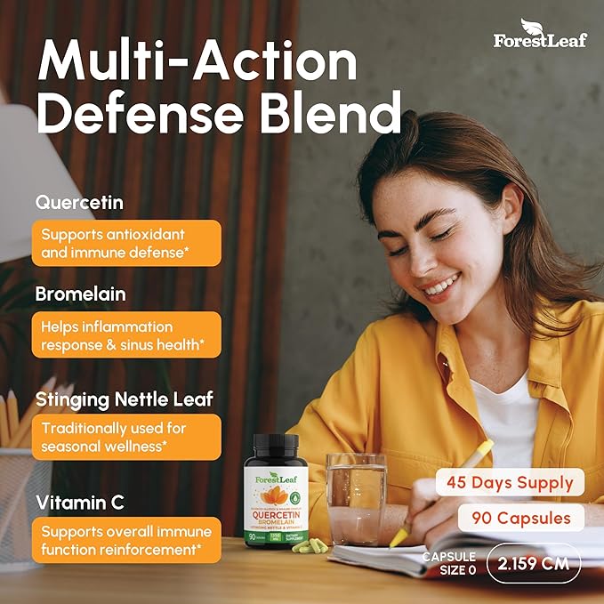 ForestLeaf Quercetin with Bromelain 1350mg - Blend with Vitamin C & Stinging Nettle Supplement, Quercetin 500mg Capsules, Non-GMO Gluten Free, Natural Immune & Respiratory Function, 90 Veggie Caps