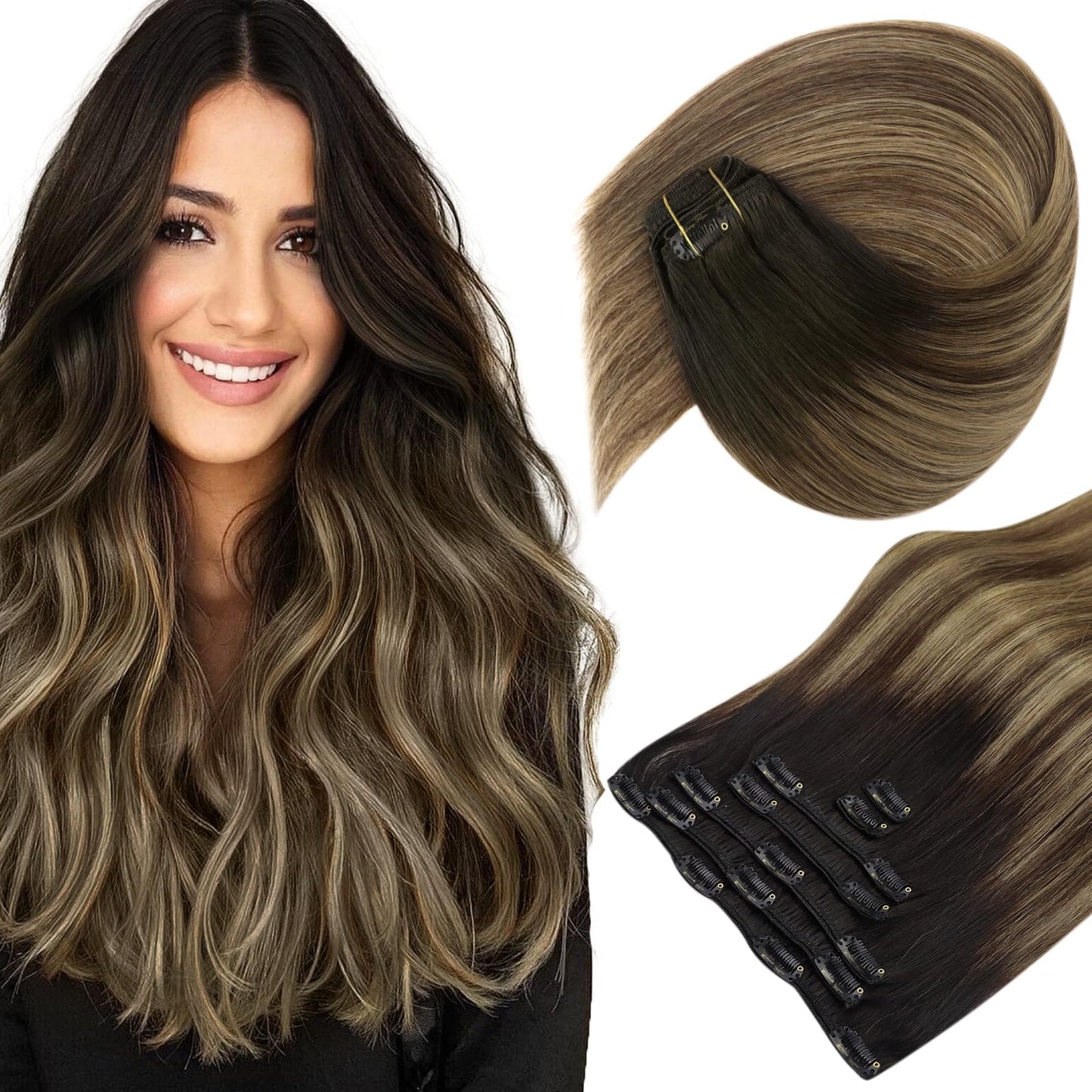 Sunny Clip In Hair Extensions Human Hair Ombre Human Hair Clip In Extensions Natural Black Ombre Dark Brown Mix Caramel Brown Re