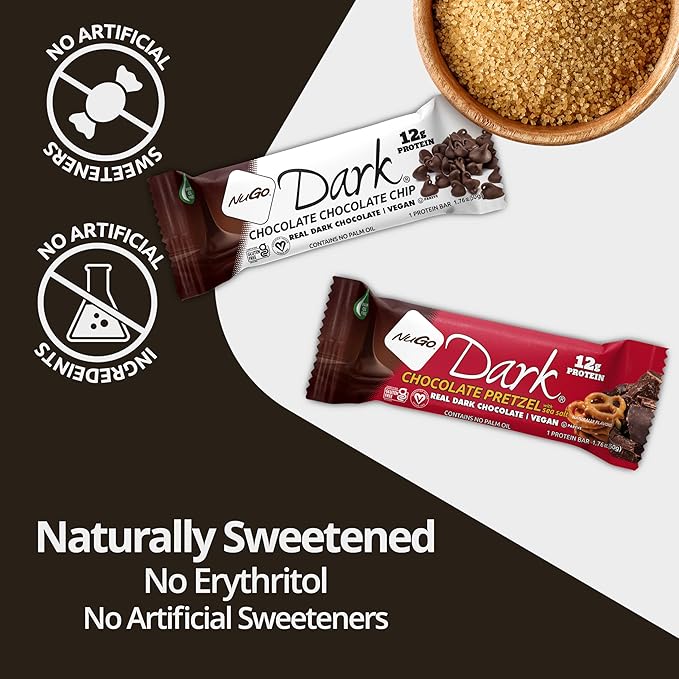 NuGo Dark Variety - Pretzel with Sea Salt 12 Bars & Peanut Butter Cup 12 Bars, 12g Protein Bar, Vegan, Gluten Free, Non-GMO, Kosher Pareve, 24 Count Variety