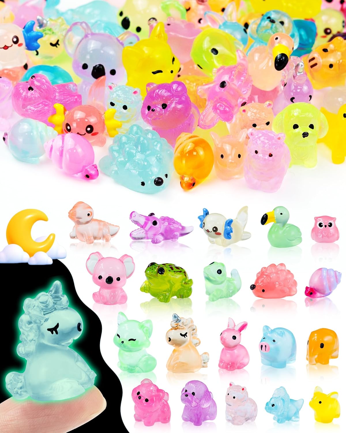 FIVEIZERO 100PCS Luminous mini Resin Animals Bulk - 20 Styles Glow in The Dark Plastic Tiny Animals Figures for Dollhouse, Fairy Garden, Aquarium, Party Favors & DIY Craft Decor