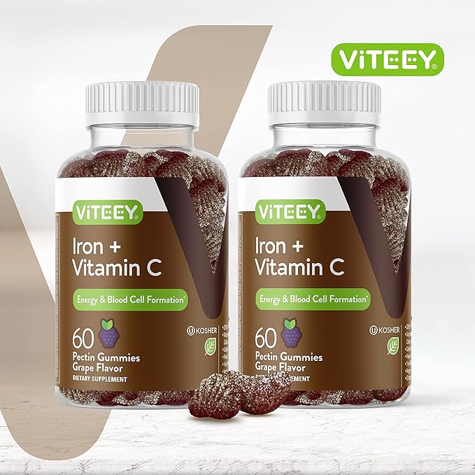 Iron Gummies 20mg + Vitamin C 26mg for Iron Deficiency and Anemia, Supports Energy, Blood Cell Formulation, Blood Builder, Vegan Supplements, Gluten Gelatin and GMO Free, Chewable Grape Gummy Chews