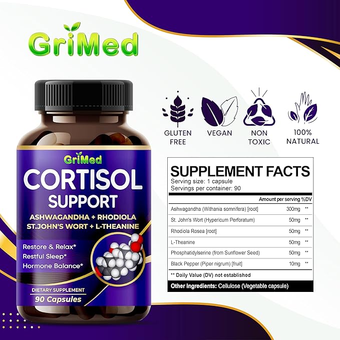 GriMed Ashwagandha Rhodiola 14,150mg - x 10 Power with St.John's Wort, L-Theanine - Restore & Relax, Restful Sleep - USA Made & Tested (90 Count (Pack of 1))