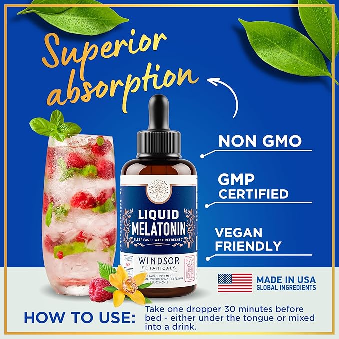 Liquid Melatonin for Adults and Kids 6 Years Up - 3mg Melatonin Drops Extra Strength Liquid Sleep Aid - Fast Absorbtion, Raspberry Vanilla Flavor Melatonina - 2oz, 2-Month Supply, Made in USA