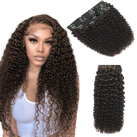Kinky Curly Clip In Hair Extensions For Black Women 16 Inch 2# Dark Brown Curly Hair Extensions Clip In Real Human Hair 3C 4A Ki