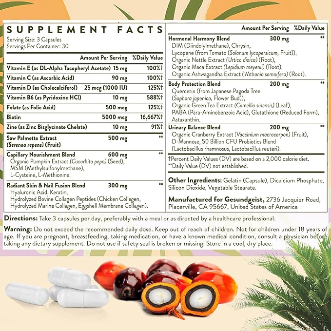 Saw Palmetto for Women Hair Loss - DHT Blocker with 5-in-1 Blend for Hair Growth, Skin & Nails, Urinary Wellness - Extra Strength Saw Palmetto Supplement - 180 Capsules