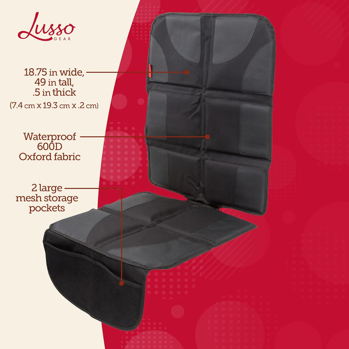 Lusso Gear Car Seat Protector for Baby Car Seat - Thick Padding - Seat Protector Under Baby Car Seat with 2 Mesh Storage Pockets - Black Waterproof Baby Car Seat Protector - Non-Slip Padded Backing