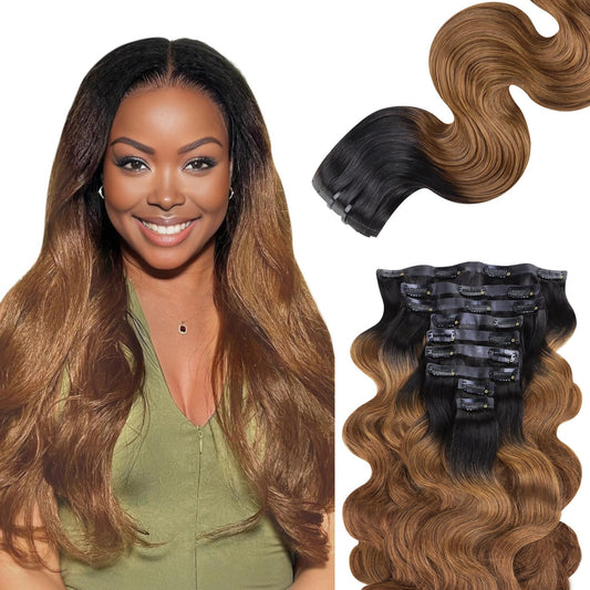 Lashey Seamless Clip In Hair Extensions Human Hair 130G 9Pcs 14 Inch Body Wave Ombre Natural Black To Medium Auburn Clip In Hair