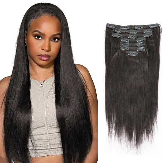 Lacer 10 Inch Yaki Clip In Hair Extensions Human Hair, Natural Black Thick Light Yaki Straight Clip Ins Remy Human Hair For Fash