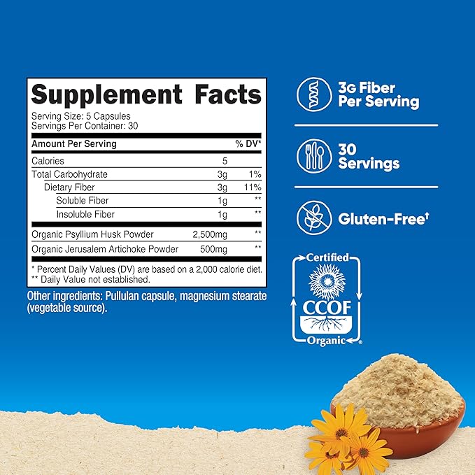 Nutricost Fiber Capsules with Prebiotic Fiber Supplement 150 Capsules - CCOF Certified Supplement, Made with Organic Psyllium Husk & Organic Jerusalem Artichoke, Gluten Free, 3 G Per Serving