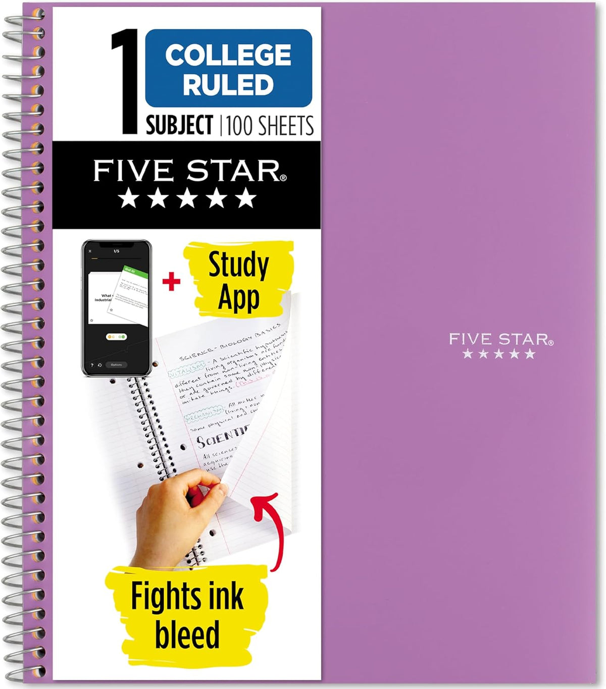 Five Star Spiral Notebook + Study App, 1 Subject, College Ruled Paper, 8-1/2" x 11", 100 Sheets, Fights Ink Bleed, Water Resistant Cover, Amethyst Purple (38744)