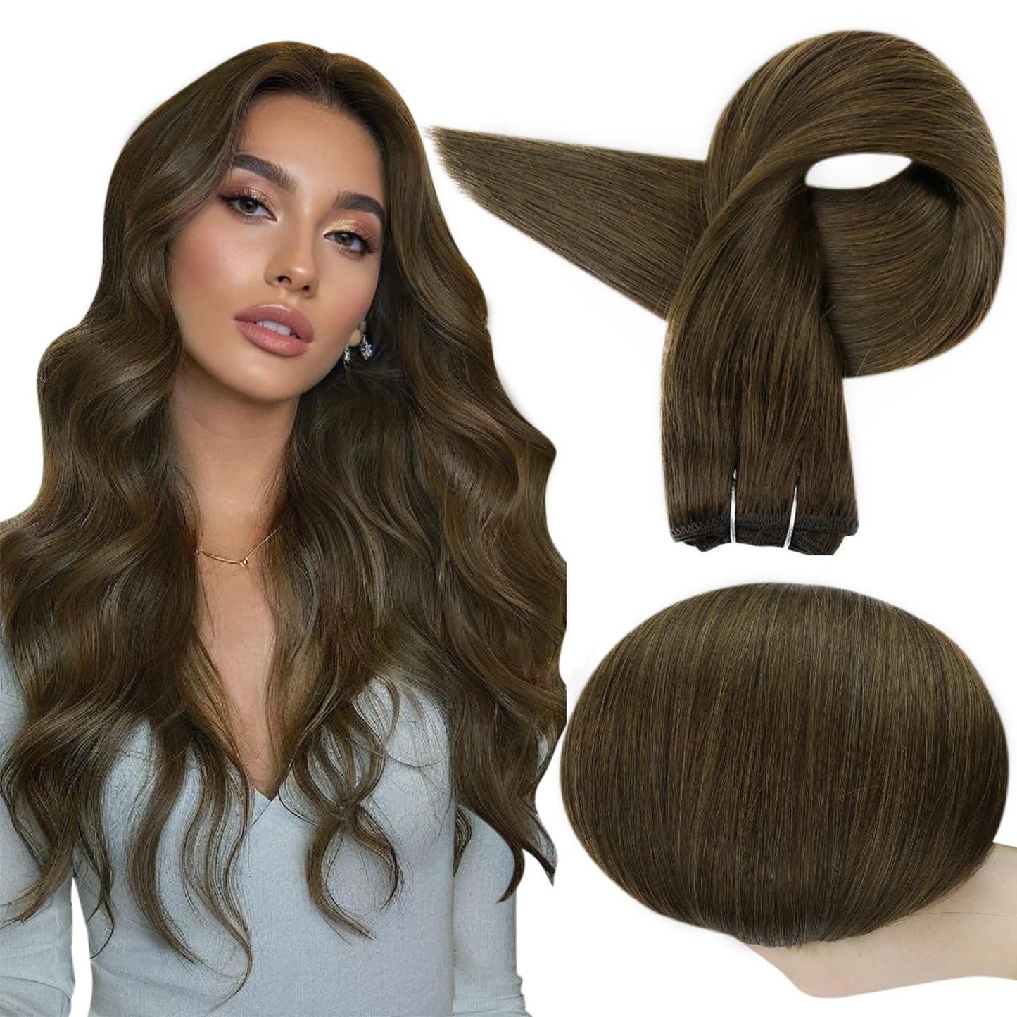 Full Shine 18 Inch Weft Hair Extensions Huamn Hair Brown Straight Hair Weft Extensions Color Darker Brown Sew In Hair Extensions