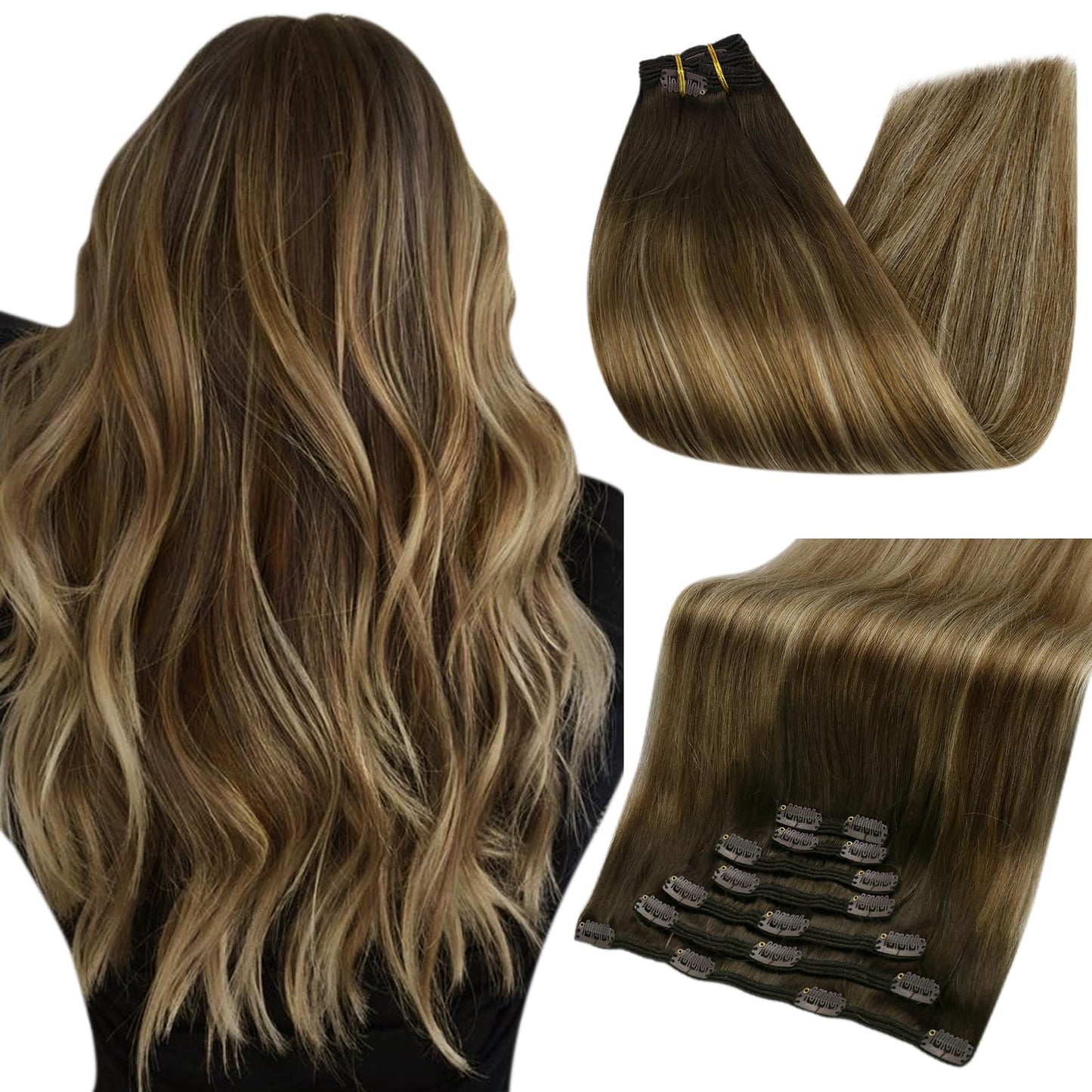 Full Shine Balayage Clip In Hair Extensions Remy Human Hair 14 Inch Hair Extensions Clip Ins Double Weft Dark Brown Ombre Brown