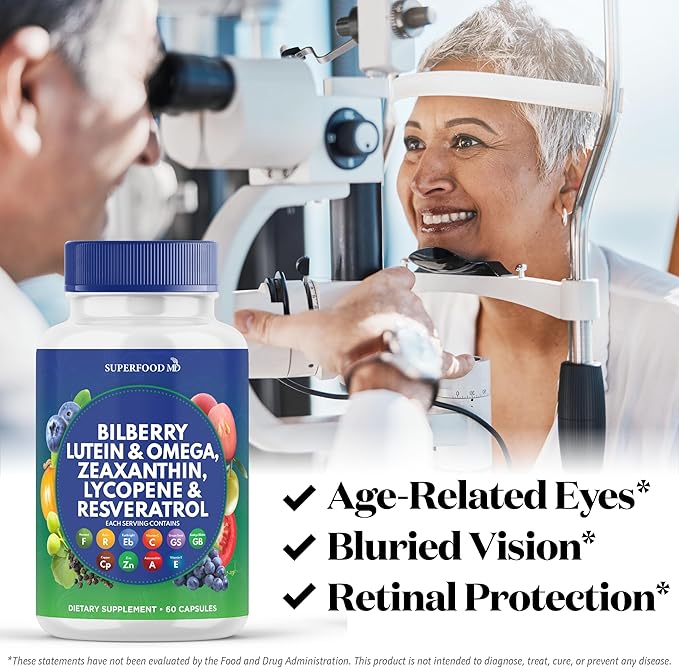 Superfood MD Eye Health Vitamins with Bilberry Lutein & Zeaxanthin Lycopene Resveratrol Grape Seed Extract Astaxanthin- AREDS 2 - Eye Vitamin - 60 Capsules