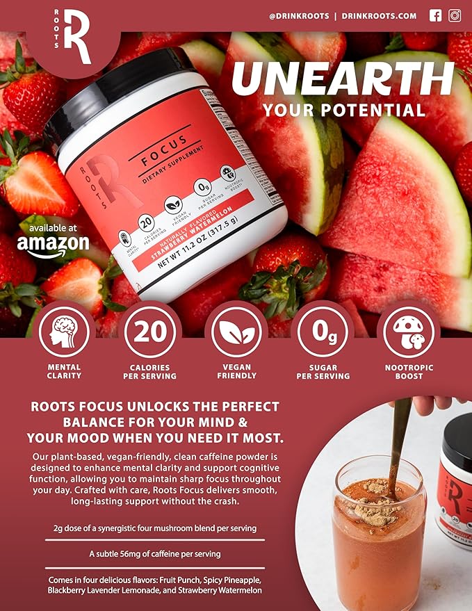 Roots Focus Nootropic Brain Supplement - Strawberry Watermelon, Blend of Lion's Mane, Cordyceps, & Reishi Functional Mushrooms + Extended-Release Caffeine, 50 Servings