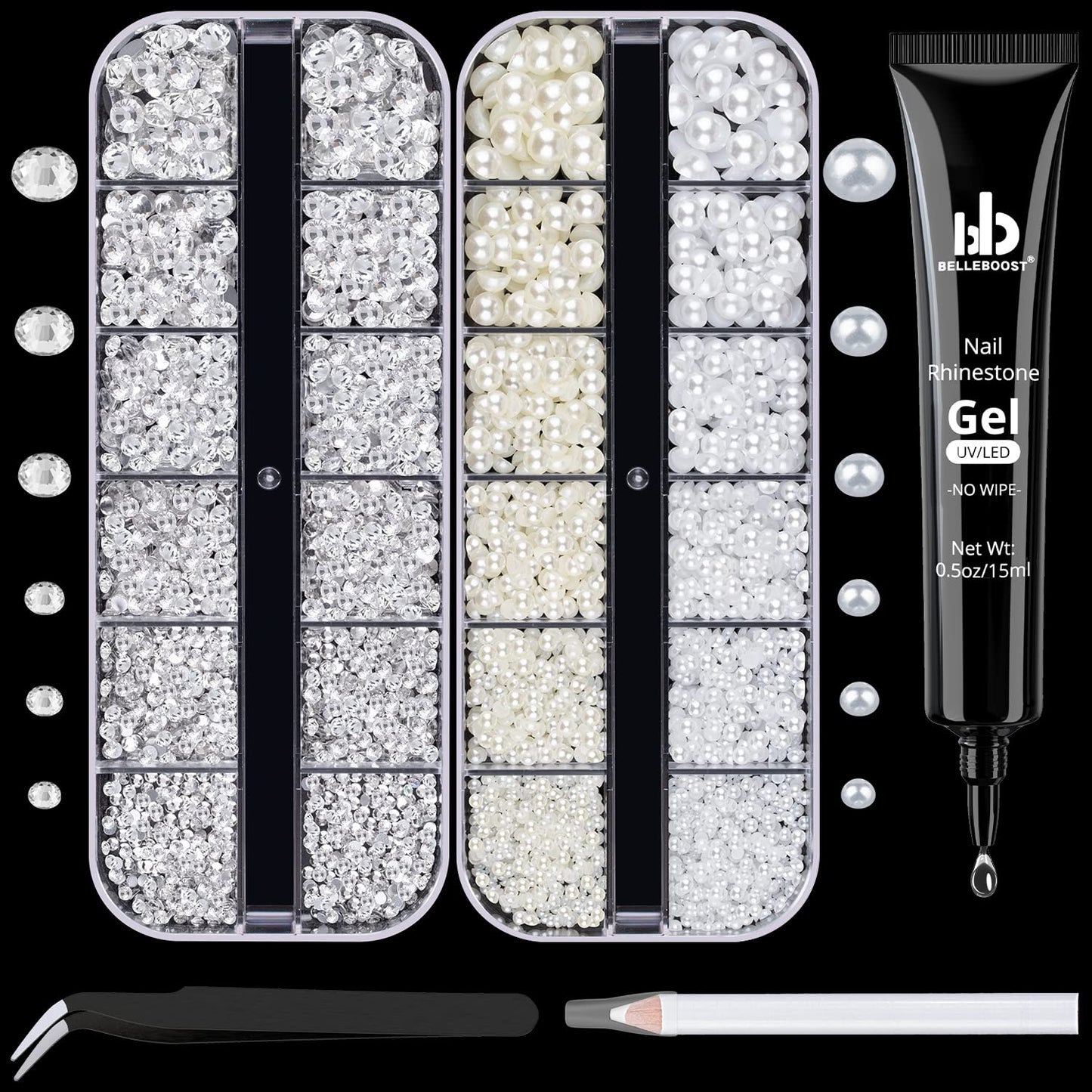 Nail Art Rhinestone Glue Gel&2 Boxes Flatback Gems Accessories Kit, 1 Tube Of 15Ml Rhinestone Gel Glue(Uv/Led Needed)+Round Clea