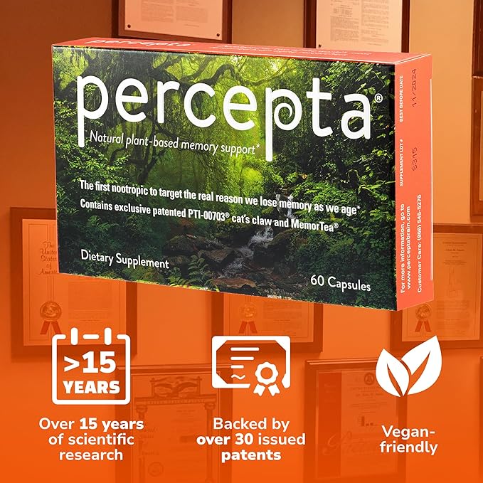 Percepta Plant-Based Memory Support - Natural Nootropic Brain Booster - Memory, Focus, Concentration - 30 Day Supply