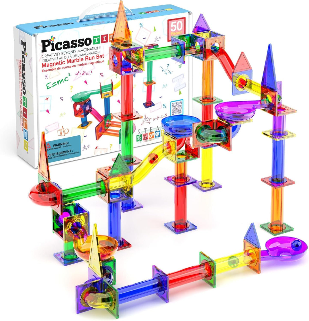 PicassoTiles 100pc Magnetic Marble Run Set with Racing Track Tiles Funnels Curved Slopes and Steel Balls for Kids STEM Construction Indoor Learning Toy that Promotes Focus and Problem Solving PTG100