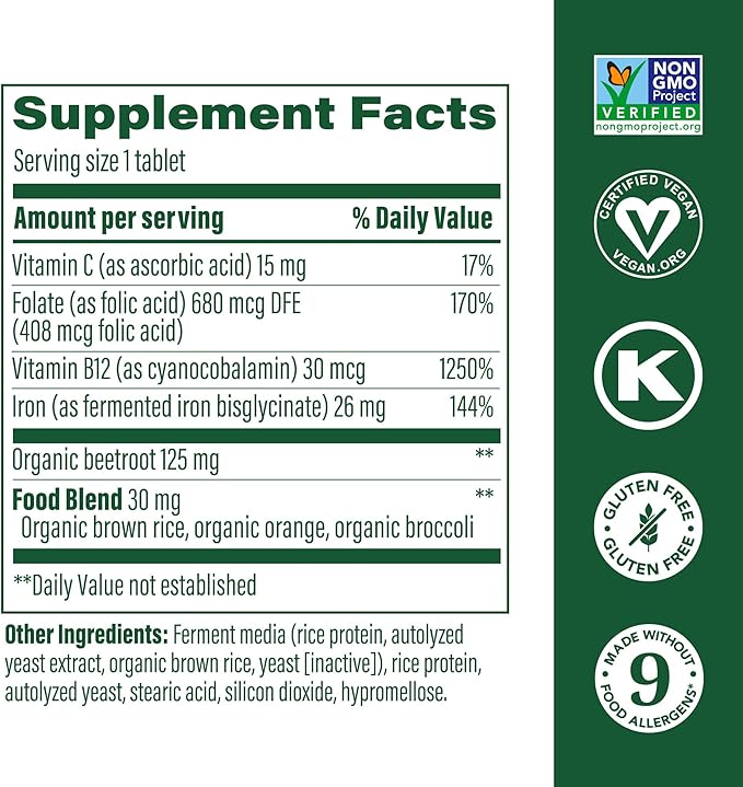 MegaFood Blood Builder - Iron Supplement Shown to Increase Iron Levels without Nausea or Constipation - Energy Support with Iron, Vitamin B12 and Folic Acid - 90 Tabs