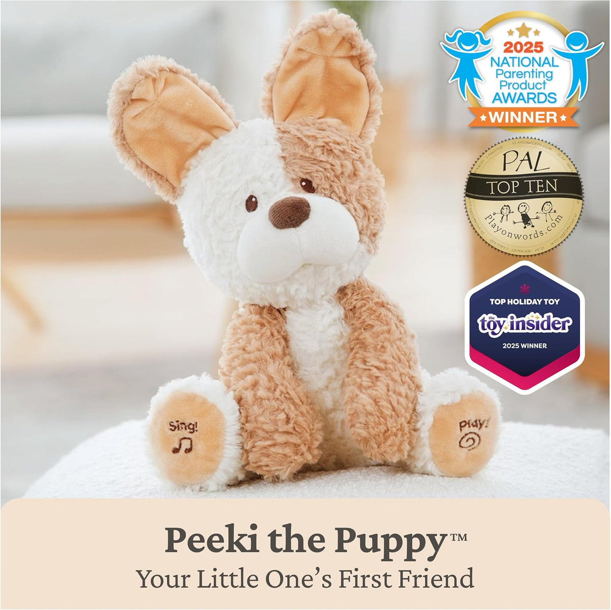 GUND Baby Peeki the Puppy Animated Plush, Singing Stuffed Animal, Sensory Toy for Babies and Toddlers, Plays Peek-a-Boo and Sings, Brown/Cream, 12”