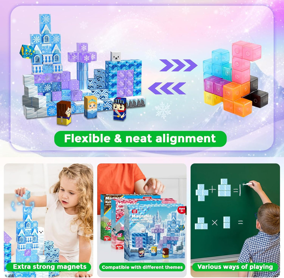 Magnetic Blocks - 100Pcs 0.8in Magnetic Building Block for Kids Ages 4-8, Transparent Magnet Block Blue Princess Castle, Frozen Magnetic Cubes Tiles Princess Toy for Girl 3 4 5 6 7 8-12 Birthday Gift