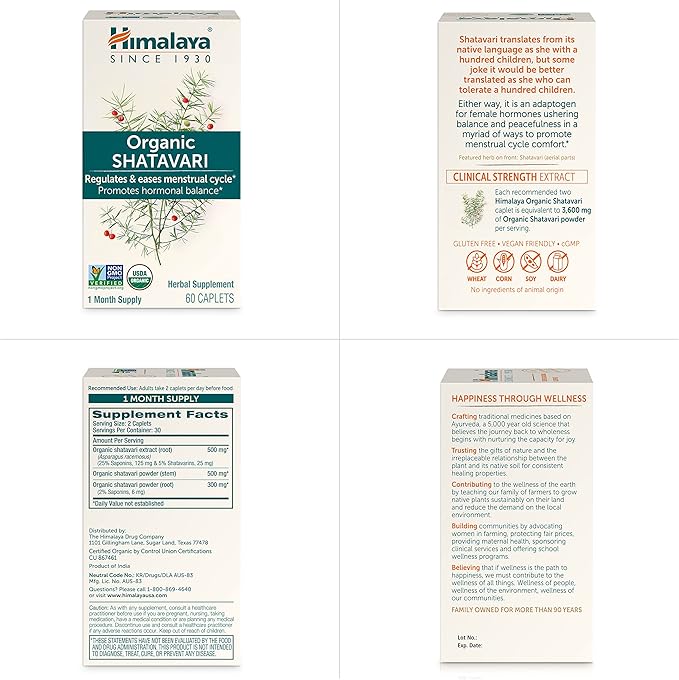 Himalaya Organic Shatavari for PMS, Menstrual Cramp Relief, Menopause Support, and Women's Health, 1,300 mg, 60 Caplets, 1 Month Supply