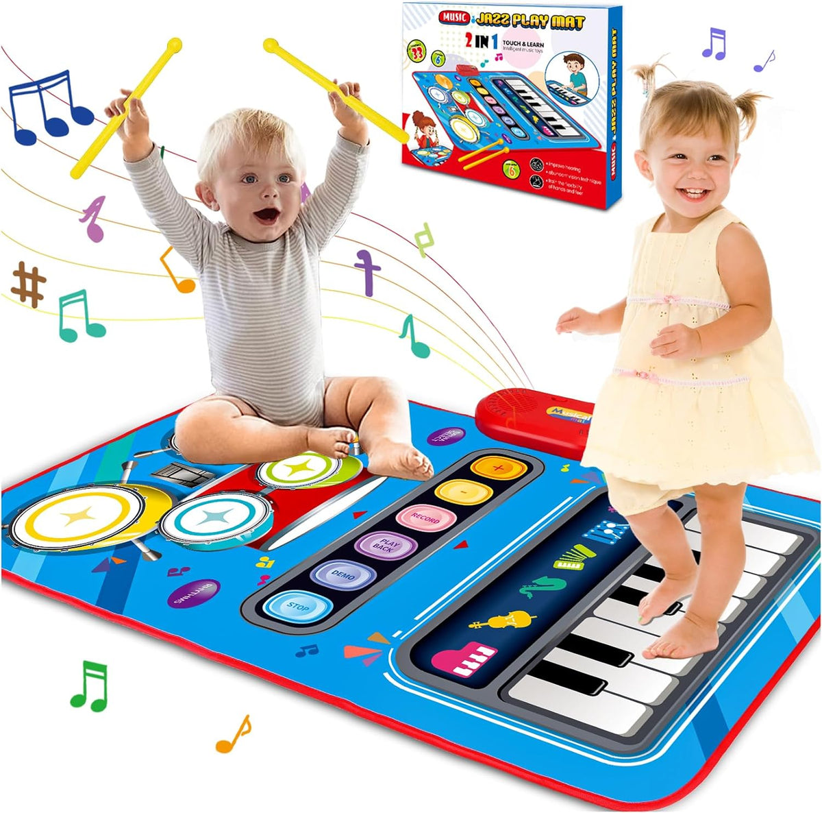 Baby 1-2 Years Music Mat: 2 in 1 Piano Drum Play Mat for Infant Music Toy 1-3 Year Old Boys Girls
