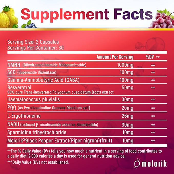 NMNH (Dihydronicotinamide Mononucleotide), 1000mg Per Serving NAD High Purity Supplement Alternative, Capsules Gluten Free, Non-GMO, for Anti-Aging, Energy, Focus - 051