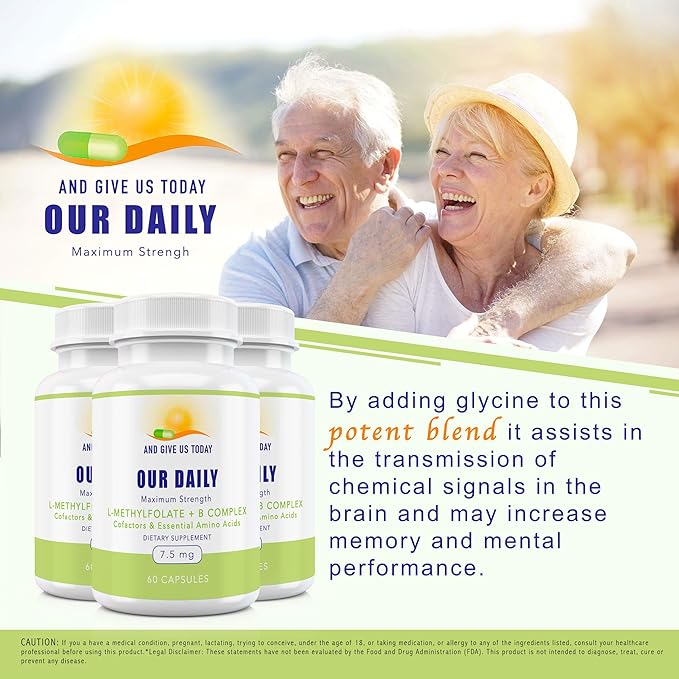 Our Daily Vites L-Methylfolate B Complex Cofactors & Essential Amino Acids (7.5mg) - Active Folate, Methylated B12 Methylcobalamin, B6 and Glycine - 60 Count