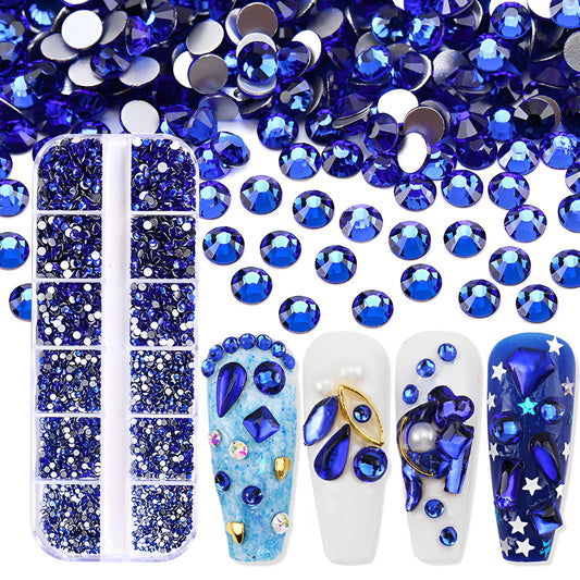 Jollin 3600Pcs Flatback Rhinestones Glass Charms Diamantes Gems Stones For Nail Art 6 Size Ss4~Ss12 Box Sapphire