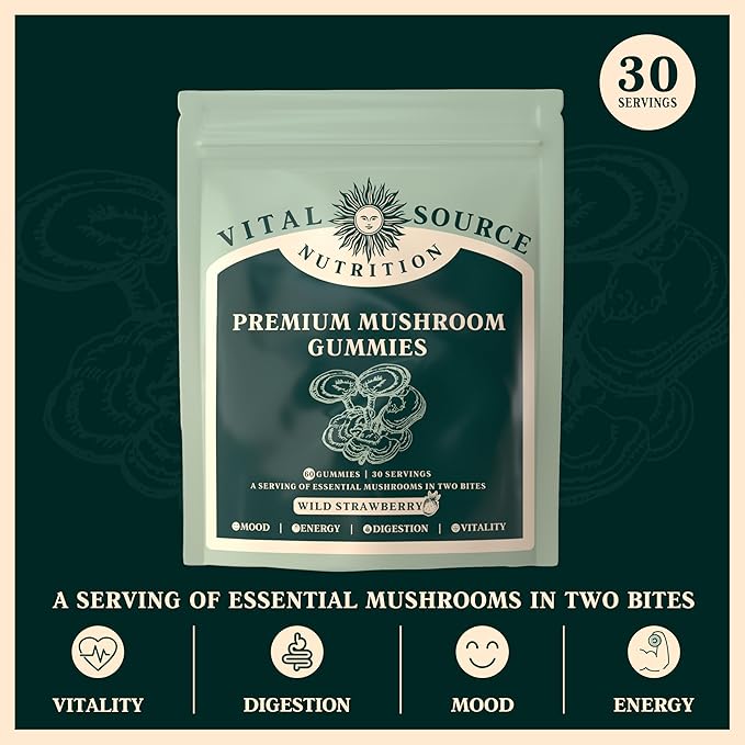 Vital Source Nutrition - Premium Mushroom Gummies - Vitality, Digestion & Energy Support - 10 Types of Premium Mushrooms - Vegan, Gluten-Free & Halal - Wild Strawberry - 60 Gummies - 30 Servings
