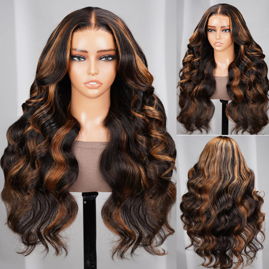 Arabella 13X4 Glueless Lace Front Wigs Human Hair 210% Density Real Pre Bleached Tiny Knots 1B/30 Highlight Ombre Lace Front Wig