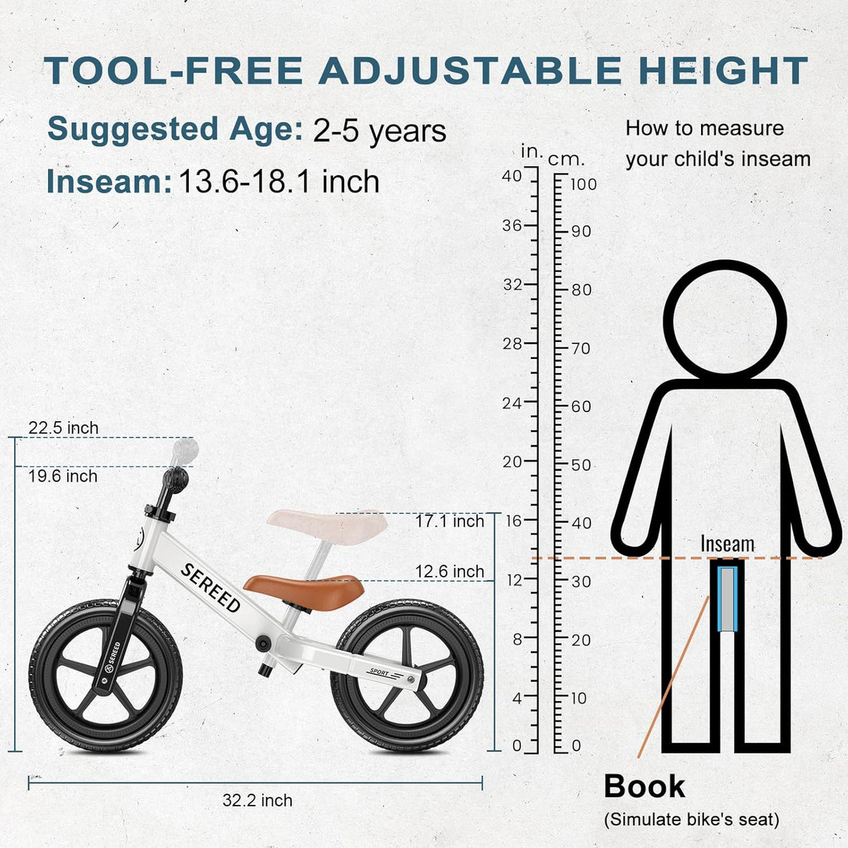 SEREED Toddler Balance Bike, 2-5 Years Old, No Pedal Kids Toy Bike with Tool-Free Adjustment, Gift for 2-3 Boys Girls