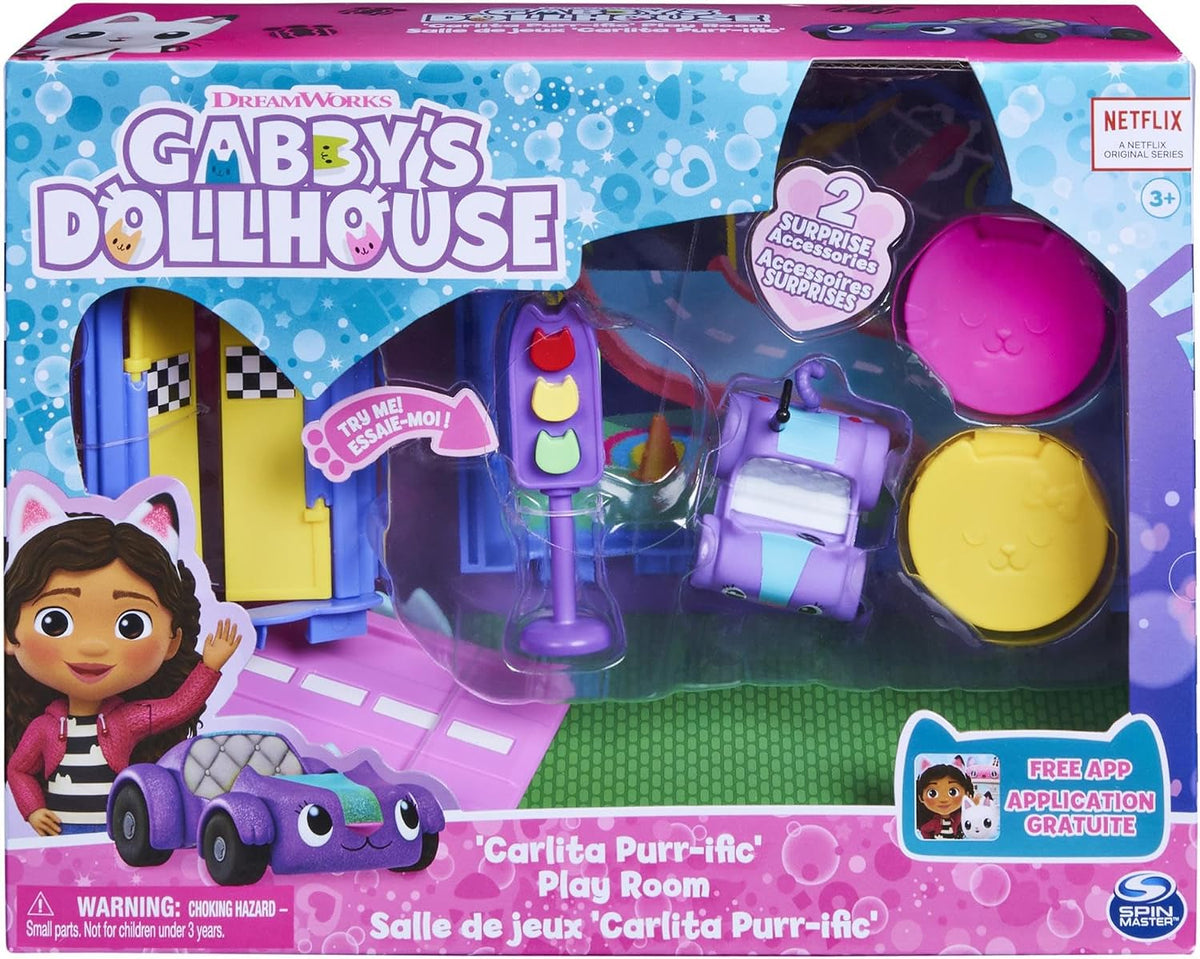 Gabby's Dollhouse, Carlita Purr-ific Play Room with Carlita Toy Car, Accessories, Furniture and Dollhouse Deliveries, Kids Toys for Ages 3 and up