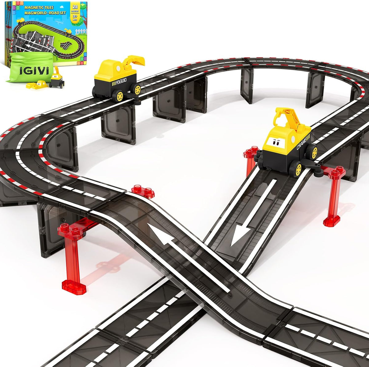 104 PCS Magnetic Tiles Road Set for Kids Ages 3-5, 5-7, 4-8, Magnet Building Blocks for Toddler Toys Games